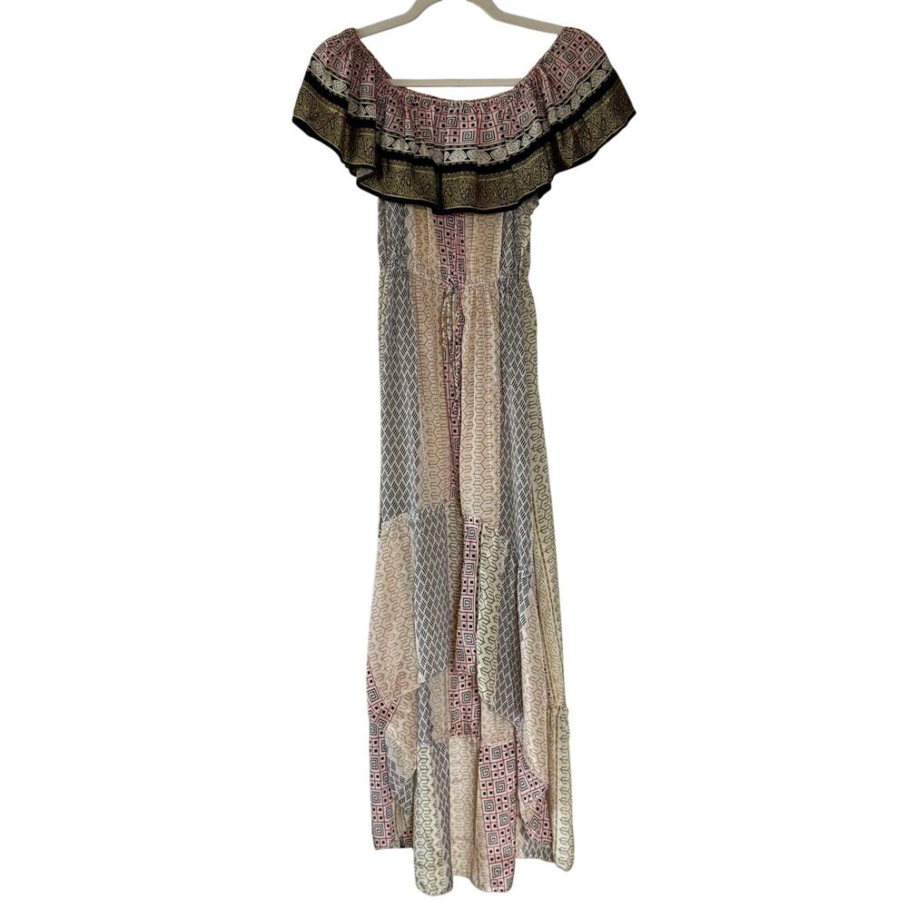 Vintage Silk High Low Off Shoulder Ruffle Midi Dress Feminine Boho Cottagecore M